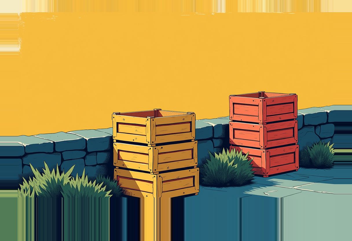 Two stacks of wooden crates, one yellow and one red-orange, beside a low blue stone wall with green scrub, under a flat yellow sky.