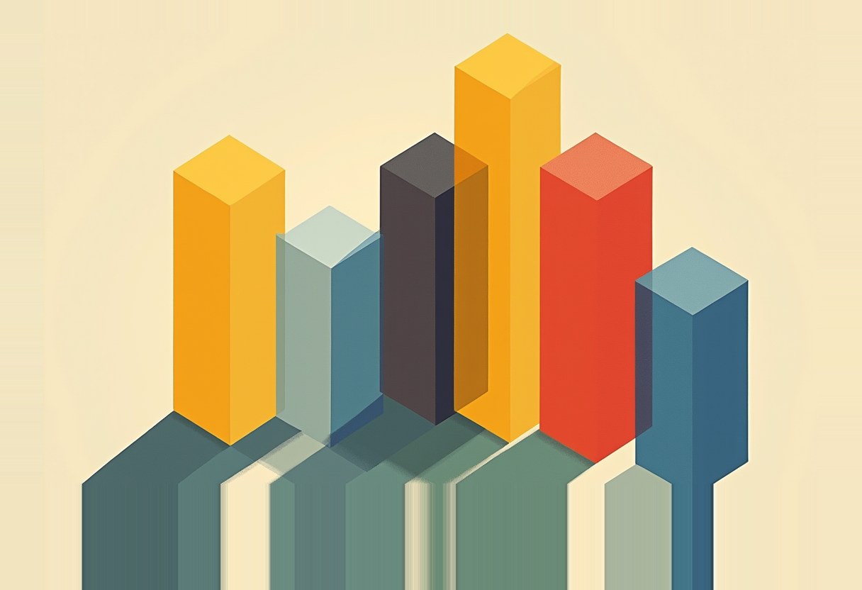 Six isometric 3D bar-chart columns of varying heights in yellow, blue, dark grey, and red cast long shadows on a pale cream background.