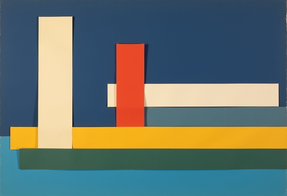 Flat cut-paper collage on a deep cobalt-blue ground: a short cream strip and a tall vermilion-red strip standing upright side by side, a flat horizontal parrot-green band across the ground in front of them, and three flat horizontal strips of three different thicknesses lying edge-to-edge on the band, the top strip thin and pale grey, the middle strip medium and white, the bottom strip thick and sandy yellow