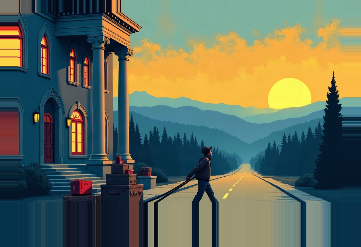 A man with a rope or strap over his shoulder stands at a porch edge beside stacked luggage trunks, looking down a mountain road toward a setting sun, a columned mansion with glowing windows on the left.