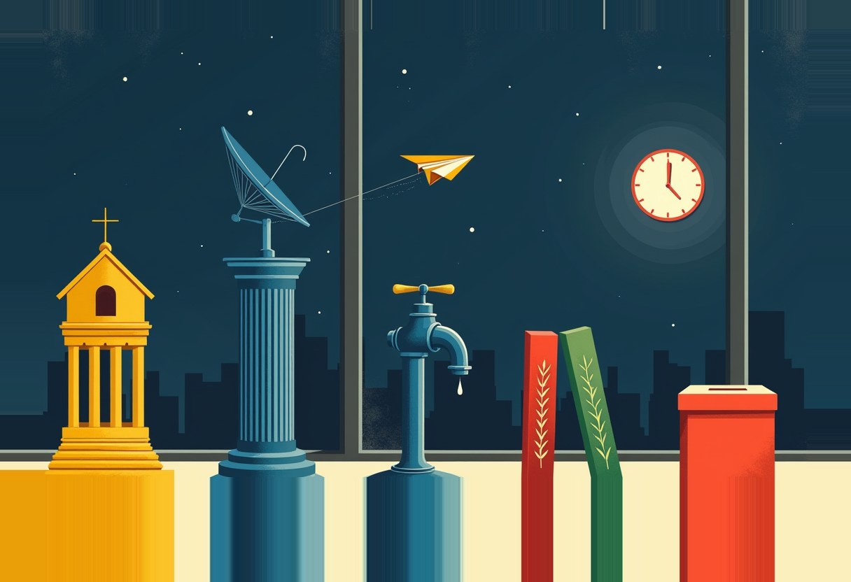 A yellow courthouse-like structure, a satellite dish on a pillar with a paper airplane trailing a line into it, a leaking blue faucet on a pedestal, two closed books, a red ballot box, and a red clock reading past twelve, arranged in a row against a night skyline.
