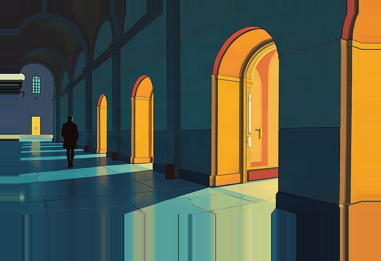 A dark-suited figure walks alone down a blue-toned arched corridor past a row of glowing yellow-orange open doorways.