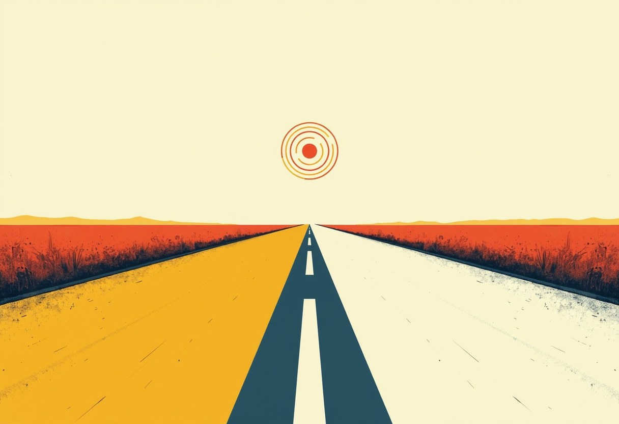 A two-lane road splits down the middle into a solid marked lane and a faint broken one, with a radiating signal-ping icon hovering above the horizon.