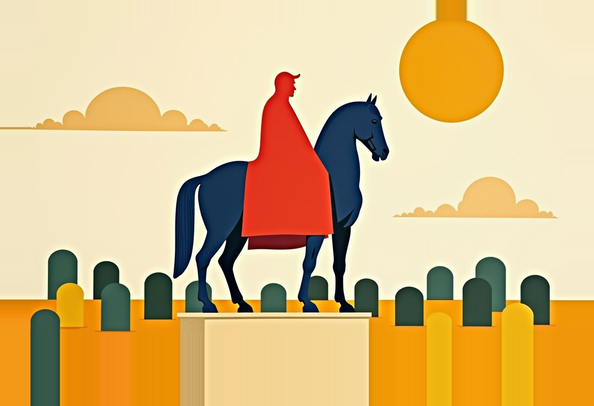 A dark blue equestrian statue of a caped rider on a horse stands on a stone pedestal amid rows of gravestone-like shapes, under a large orange sun.
