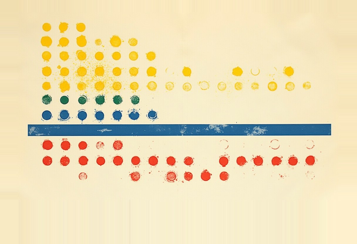 Rows of stamped yellow, green, and blue dots above a horizontal blue bar, with rows of red dots below, on a cream background.