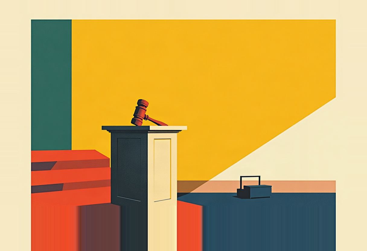 A red gavel rests atop a dark podium against a flat yellow background, with a small dark briefcase on a blue floor to the right and orange steps at lower left.
