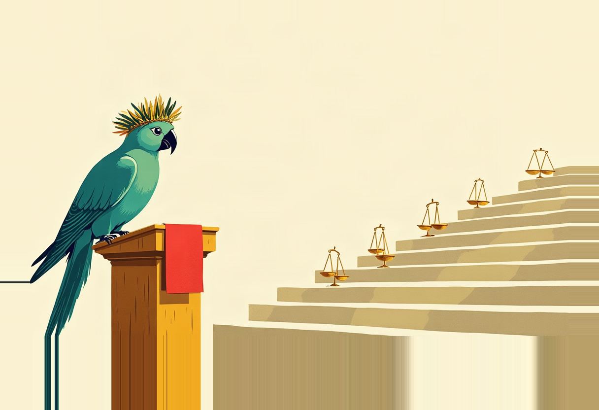 A teal parrot wearing a gold laurel crown perches on a wooden podium draped with red cloth, facing a staircase lined with small gold scales of justice on each step.