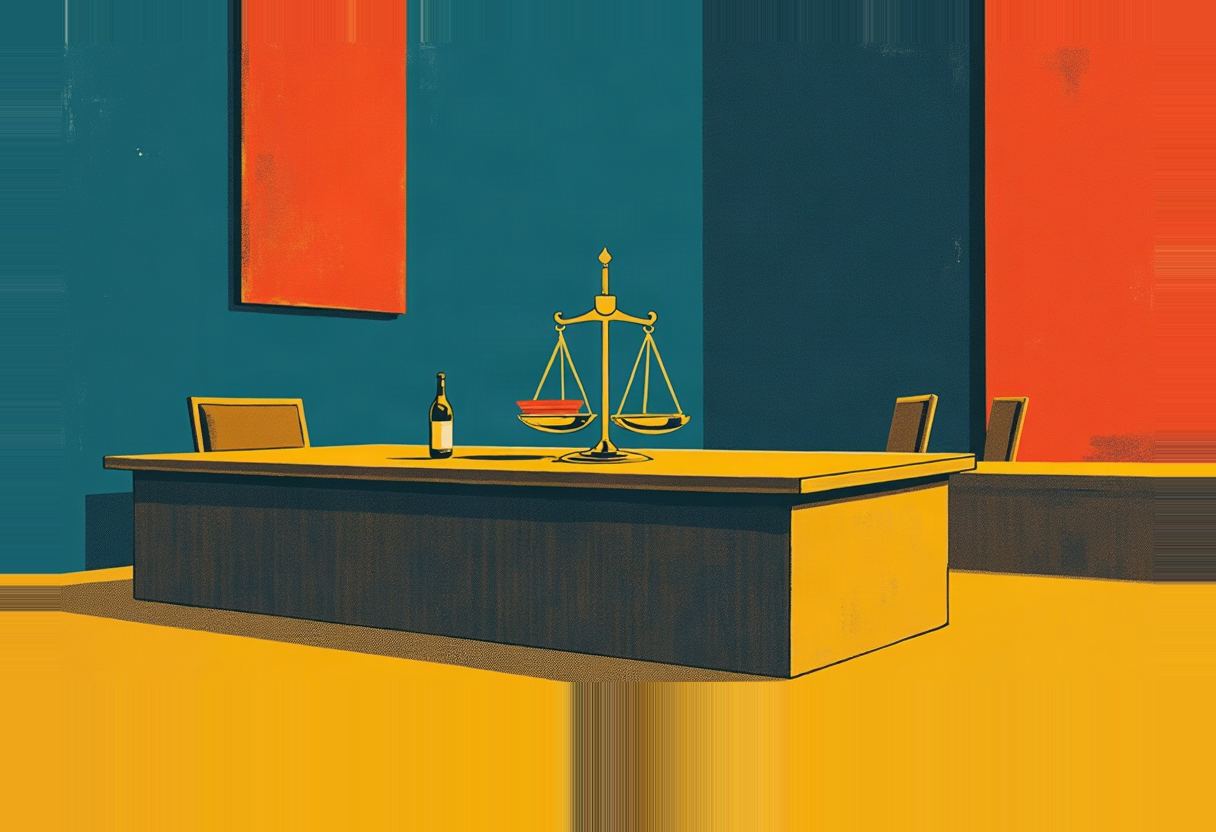 A gold balance scale and a wine bottle sit on an empty conference table with three empty chairs, against teal walls with orange panels.