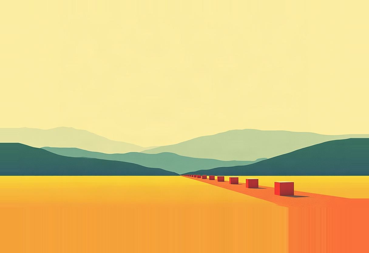 A line of identical red cubes recedes into the distance across a flat orange-yellow plain, backed by layered green and blue-gray mountain ridges under a pale yellow sky.