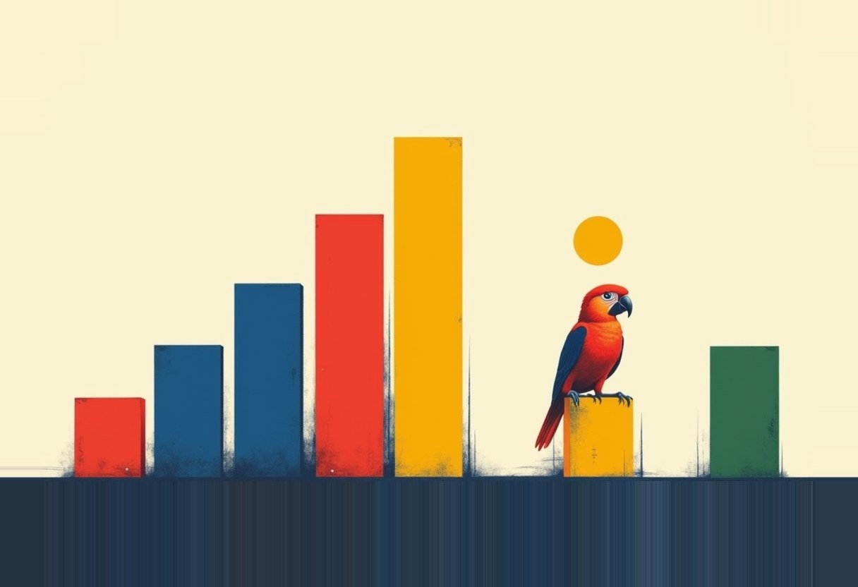 A red and blue parrot perches atop a short yellow bar in a bar chart of red, blue, yellow and green bars of varying heights, beside a plain yellow sun circle.