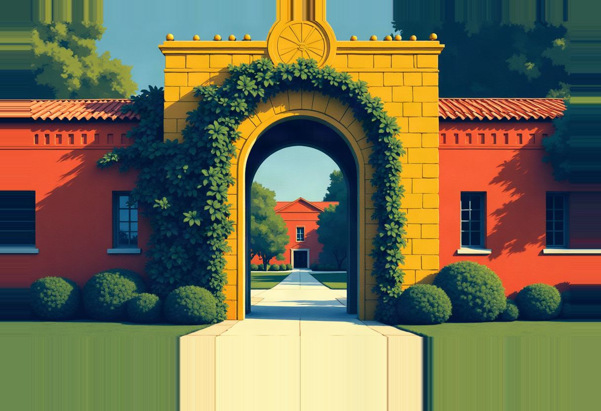 A yellow stone archway covered in ivy leads through a red brick building to a path and trees beyond, flanked by round green shrubs.