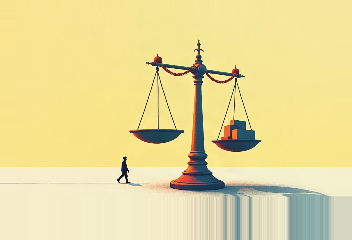 A giant two-pan balance scale with an empty left pan and orange rectangular blocks stacked on the right pan, a small silhouetted figure walking past on a pale ground against a yellow background.