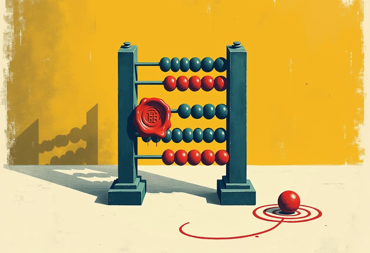 Editorial illustration of an abacus with four rows at four different counts, a wax seal on its frame, and one stray bead circled in red