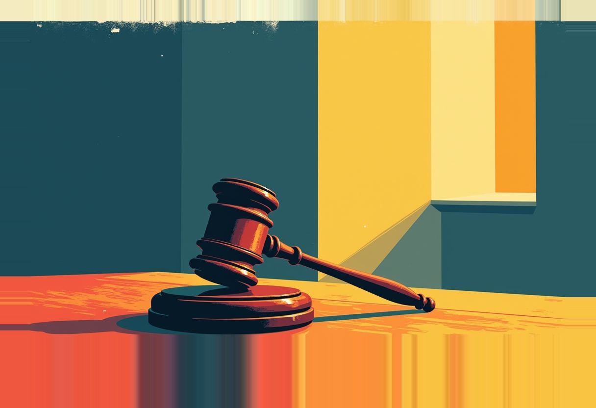 A wooden gavel and sound block rest on an orange table against a dark teal wall with a glowing yellow window and light beam.