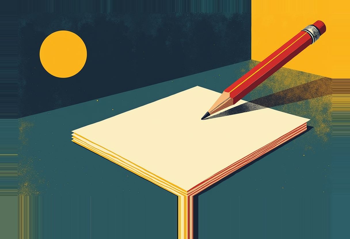 A giant red pencil hovers above a stack of blank cream paper on a teal desk, with a yellow circle and yellow wall in the background.