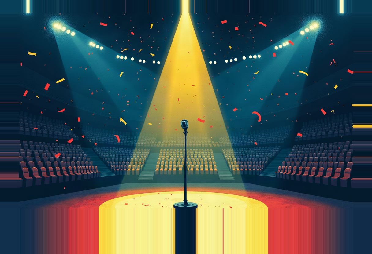 A lone standing microphone on a circular stage lit by a yellow spotlight, with red and yellow confetti falling over empty red theater seats on either side.
