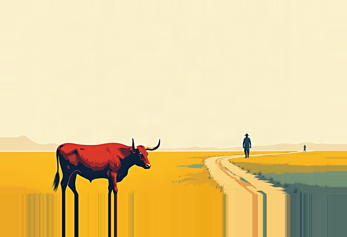A red longhorn steer with elongated legs stands in a yellow field beside a dirt path where a hatted figure walks toward a distant smaller figure, under a pale sky.