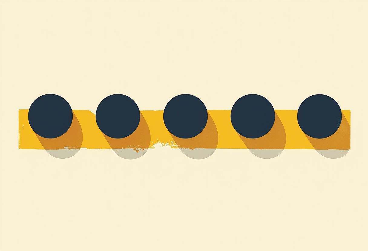 Five equally spaced dark navy circles overlap a horizontal yellow bar with soft shadows, on a cream background.