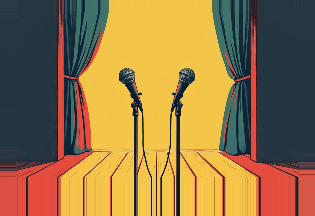Two microphones on stands face each other on a wooden stage between teal curtains tied back with red cords, against a yellow backdrop.