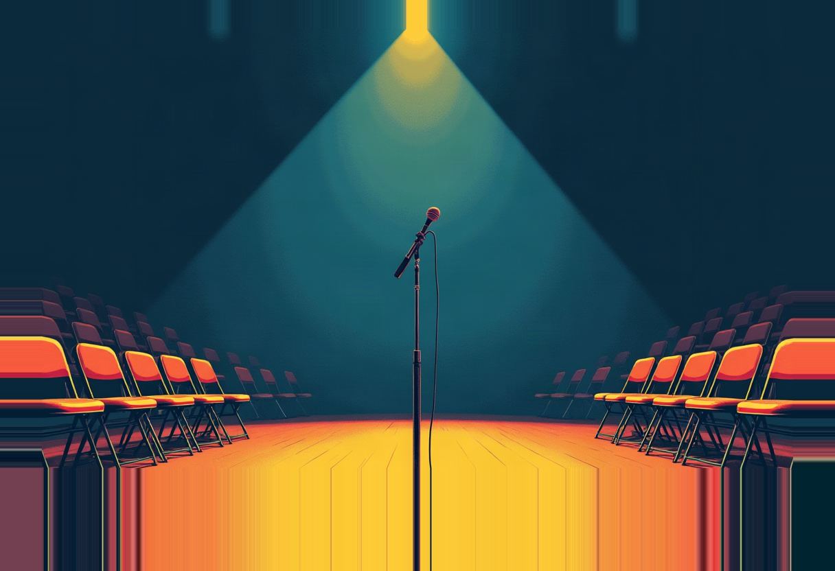 A single microphone on a stand stands on an orange-lit stage between rows of empty orange folding chairs, under a yellow spotlight against a dark teal background.