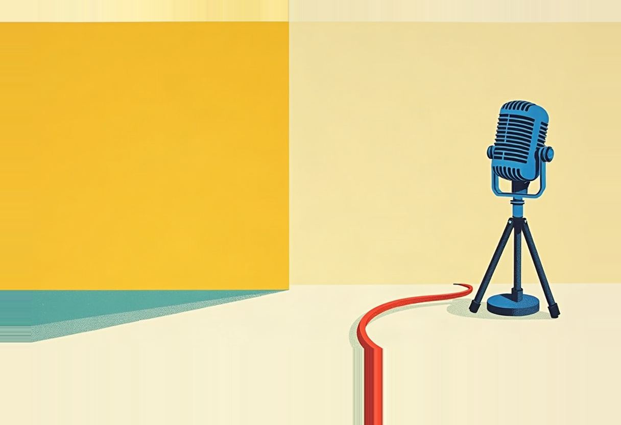 A blue vintage radio microphone on a tripod stand with a red cable curving across a cream floor, beside a large yellow block and teal triangular shadow.