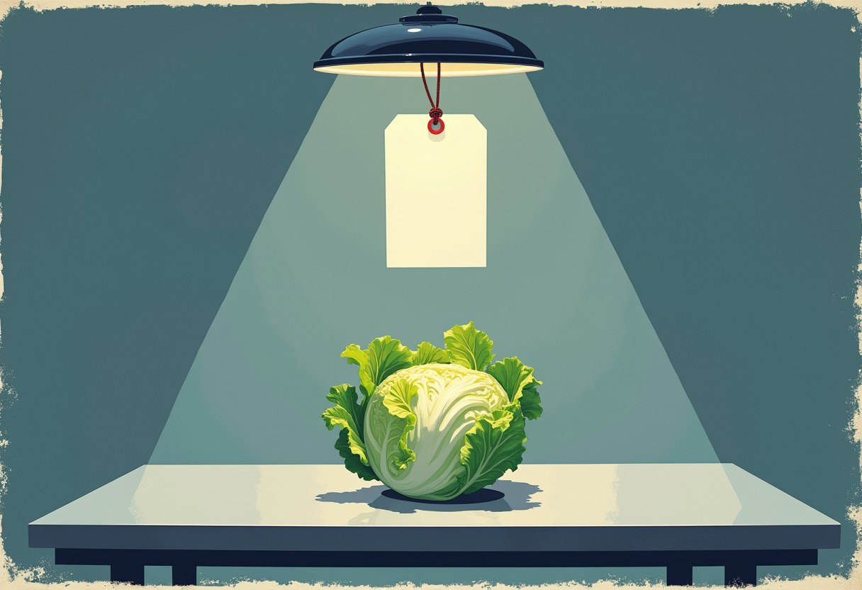 A single head of iceberg lettuce on a steel examination table under a spotlight, with a blank unmarked identification tag hanging above it.