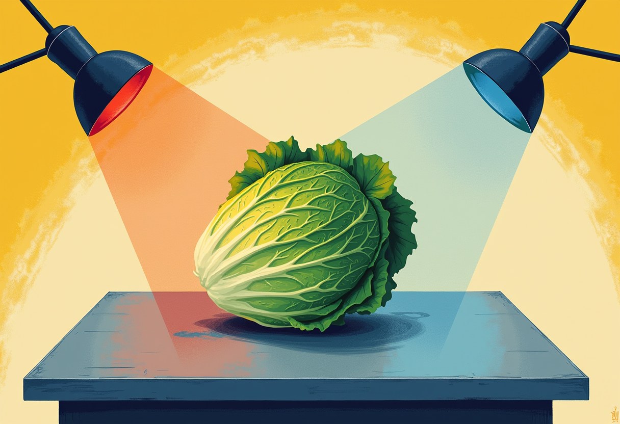 A single head of iceberg lettuce on a steel table, lit by two spotlights from opposite angles — one amber, one blue — casting two shadows in different directions