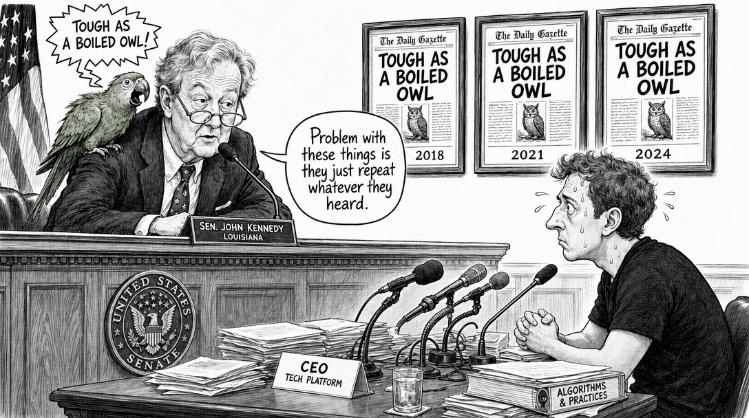 Editorial cartoon: Senator John Kennedy of Louisiana leans into a microphone at a Senate committee bench, peering over his glasses at a sweating tech CEO at the witness table. A green parrot on his shoulder squawks TOUGH AS A BOILED OWL. Kennedy says: Problem with these things is they just repeat whatever they heard. Behind him, three framed newspaper clippings show the identical headline, dated 2018, 2021 and 2024.
