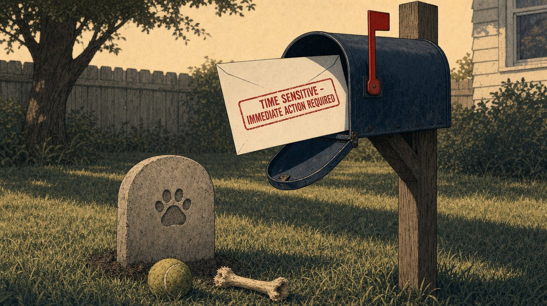 Editorial cartoon: a small pet grave in a suburban backyard, its headstone carved only with a paw print, a tennis ball and a chewed bone on the grass. Planted beside the grave is a mailbox with its flag up, an envelope jutting out stamped TIME SENSITIVE - IMMEDIATE ACTION REQUIRED.