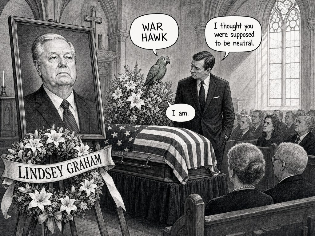 Editorial cartoon at Senator Lindsey Graham's funeral: beside a memorial portrait labeled Lindsey Graham and a flag-draped casket, a green parrot on a floral wreath says War hawk; a mourner asks, I thought you were supposed to be neutral; the parrot replies, I am.