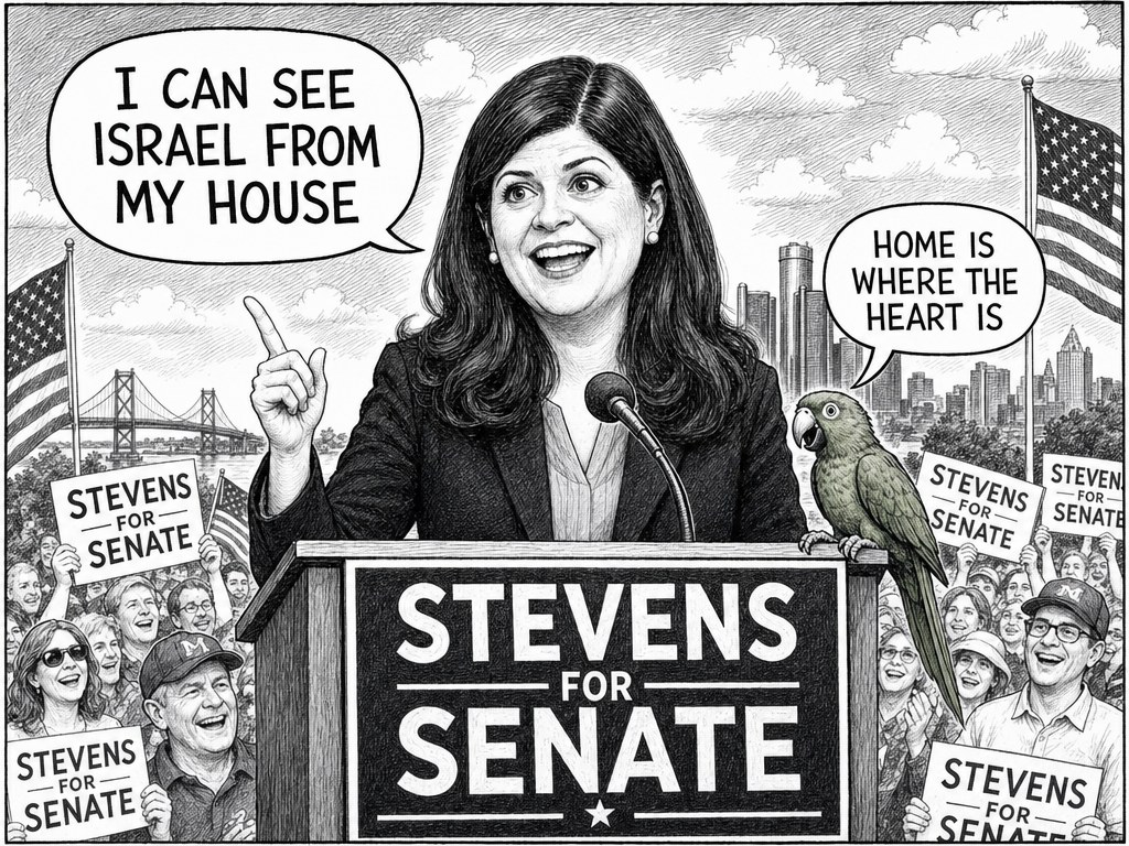 Editorial cartoon at a Stevens for Senate rally: a woman resembling Rep. Haley Stevens says I can see Israel from my house; a green parrot on the podium replies Home is where the heart is.