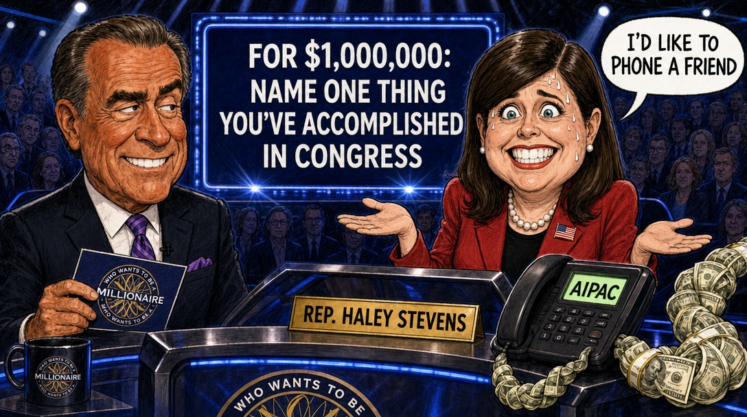 Editorial cartoon: a congresswoman on a quiz-show stage, sweating behind a frozen campaign smile, says she would like to phone a friend; the telephone caller-ID on the desk reads AIPAC and its cord is braided from cash.
