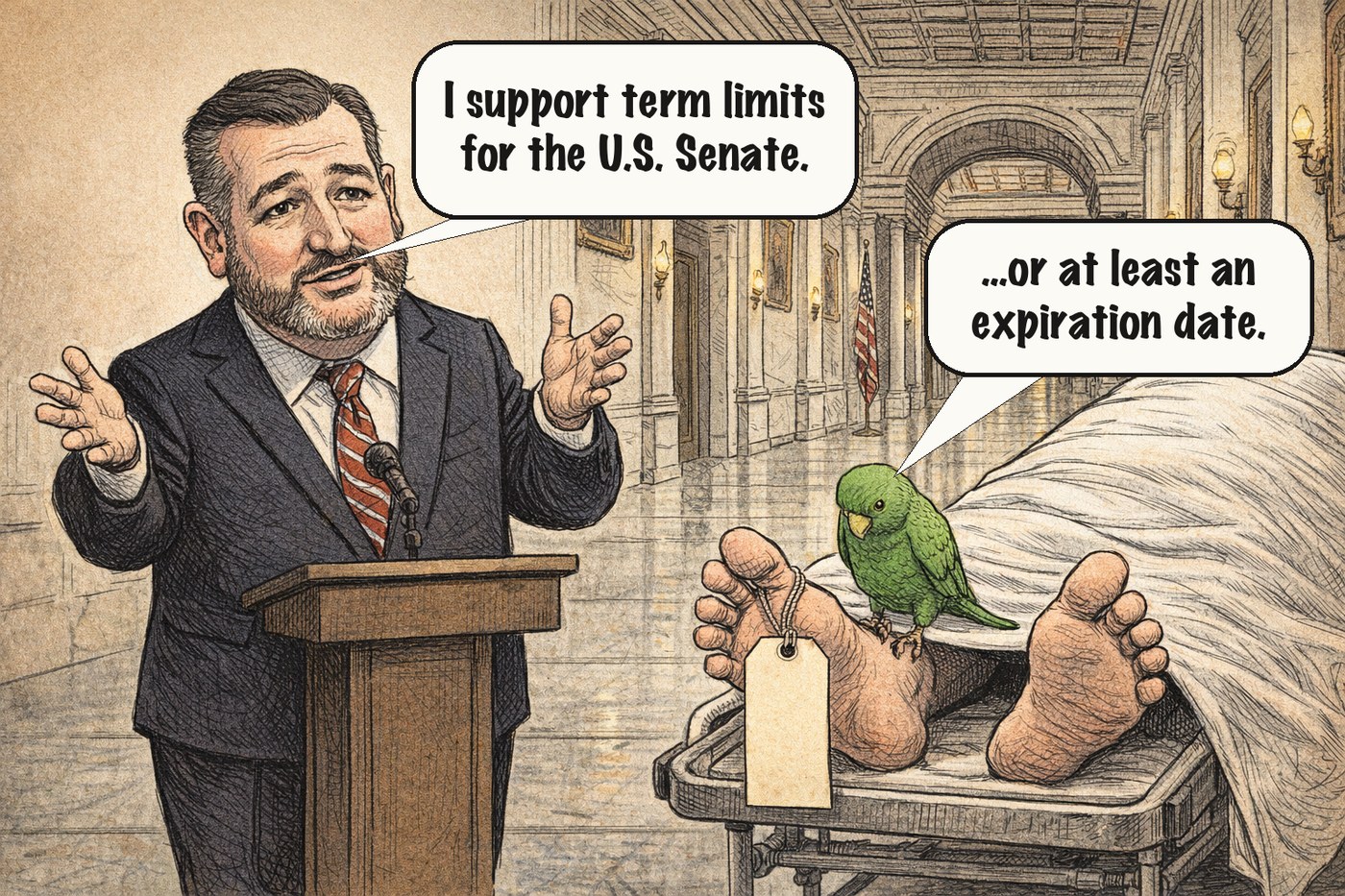 Editorial cartoon: Senator Ted Cruz at a lectern in a Capitol corridor says 'I support term limits for the U.S. Senate'; a green parrot perched on the bare foot of a sheet-covered body on a morgue stretcher, next to a blank toe tag, answers '...or at least an expiration date.'