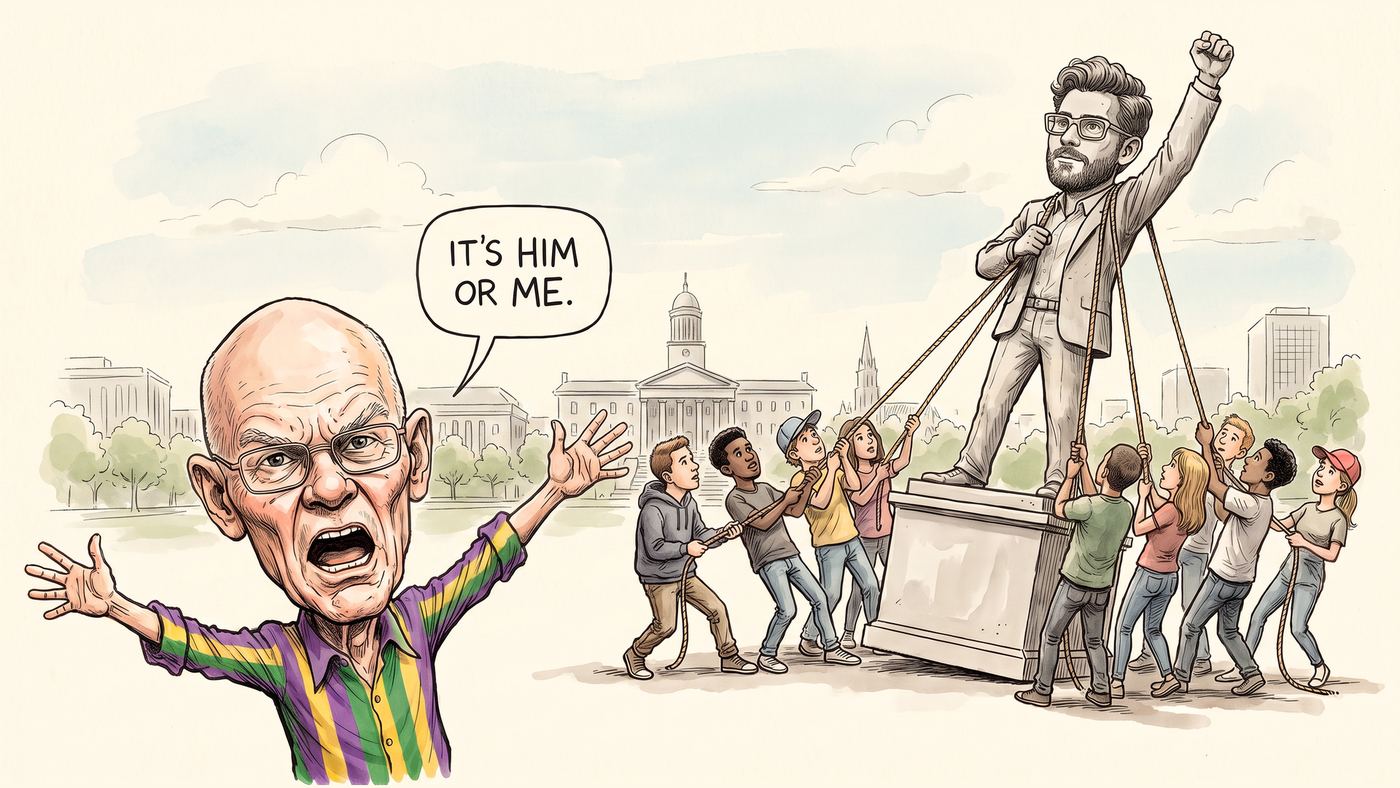 Editorial cartoon: a bald, bespectacled older man in a purple, green and gold Mardi Gras striped shirt throws both arms wide and shouts "It's him or me" from a speech balloon, while a crowd of nine young people in hoodies and caps ignore him entirely and haul on ropes to raise a giant grey stone statue of a bearded man in glasses with his fist in the air, on a civic plaza.