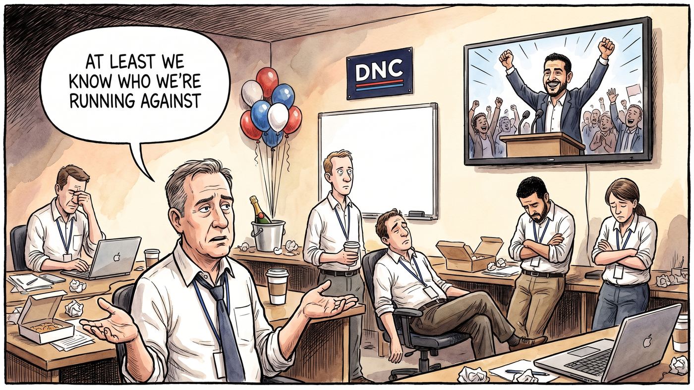 Editorial cartoon: inside a party war room under a wall placard reading DNC, six deflated staffers in lanyards slump around desks with unopened champagne and sagging balloons, watching a television on which Abdul El-Sayed celebrates his primary win with both fists raised before a cheering crowd. One staffer in the foreground half-shrugs and says, "At least we know who we're running against."