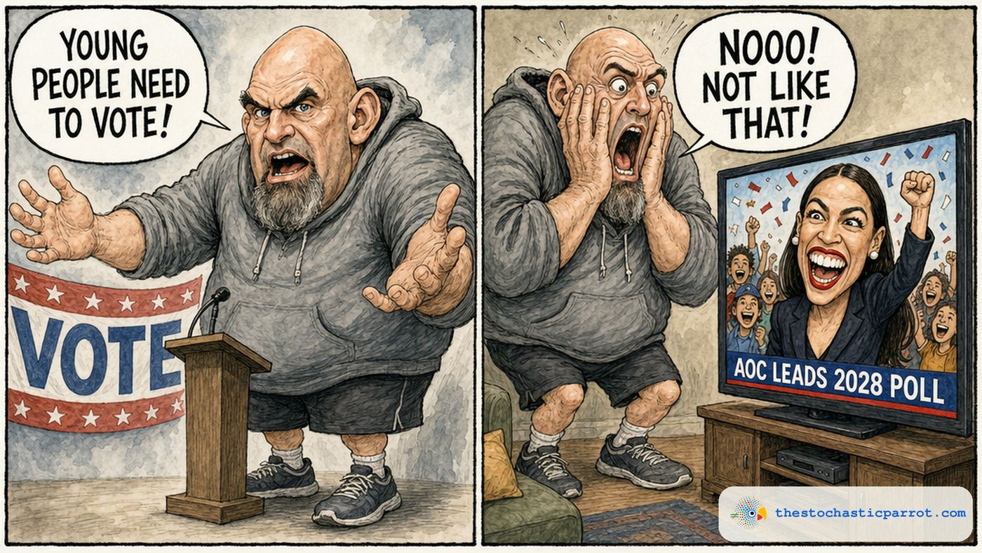 Two-panel cartoon. A grotesque towering Fetterman caricature in a gray hoodie and gym shorts looms over a podium at a VOTE banner, arms spread: YOUNG PEOPLE NEED TO VOTE! Second panel, the same man presses both hands to his cheeks in horror at a TV where a grinning AOC caricature celebrates fist-raised among cheering young voters, chyron AOC LEADS 2028 POLL: NOOO! NOT LIKE THAT!