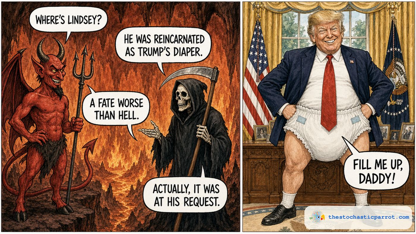 Two-panel editorial cartoon. LEFT, in Hell: Satan asks WHERE'S LINDSEY?; the Grim Reaper answers HE WAS REINCARNATED AS TRUMP'S DIAPER. Satan: A FATE WORSE THAN HELL. The Reaper: ACTUALLY, IT WAS AT HIS REQUEST. RIGHT, the Oval Office: Trump stands grinning in an oversized diaper, a speech balloon reading FILL ME UP, DADDY!