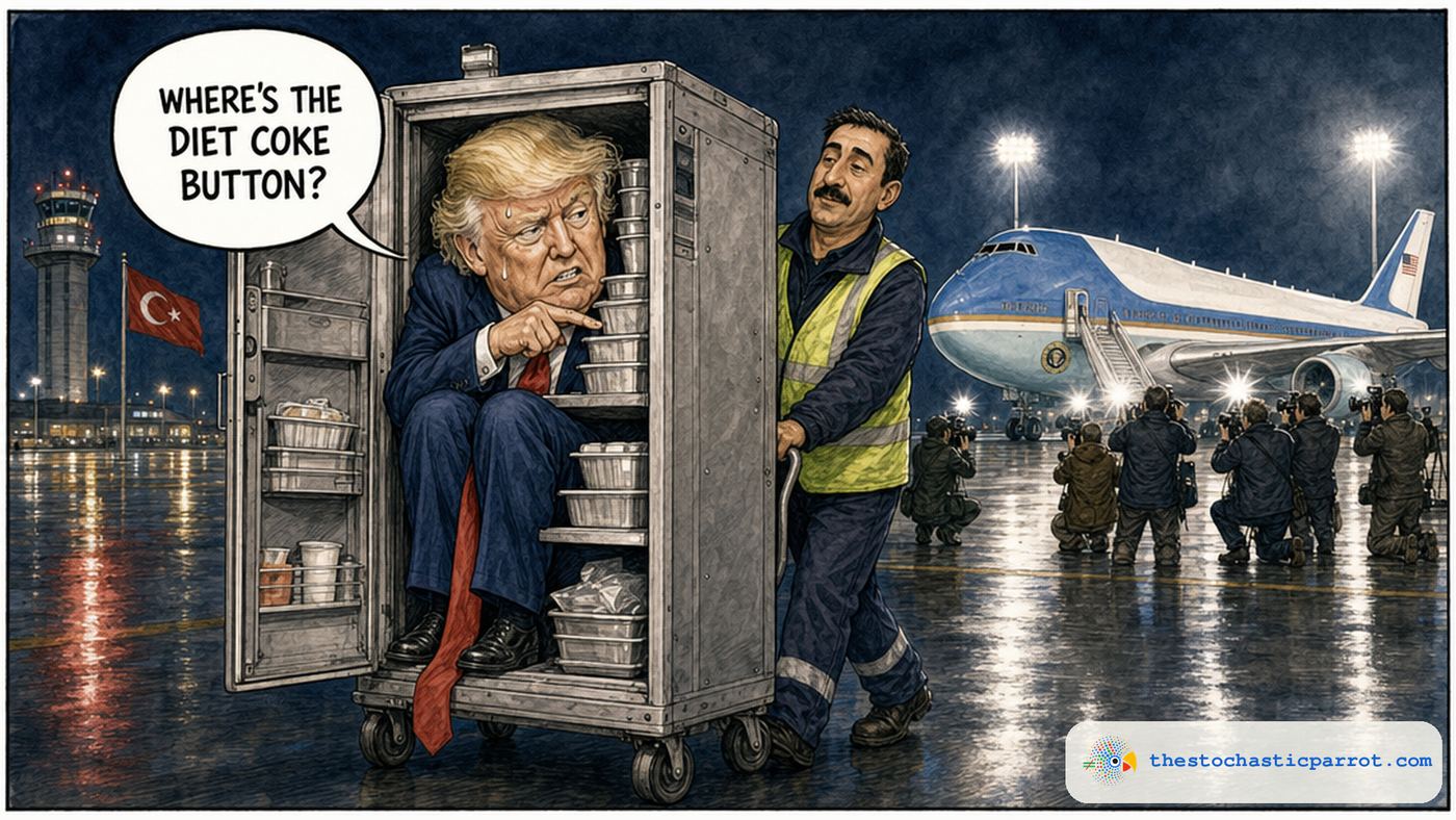 Editorial cartoon. Night on an airport tarmac in Turkey: President Trump, sweating and nervous, is crammed inside a metal airline catering cart among the meal trays, jabbing a finger at the cart shelf. A catering worker in a hi-vis vest wheels him across the tarmac while, in the background, a floodlit Air Force One sits as a decoy with press photographers pointing cameras at the empty plane. Trump's speech balloon reads WHERE'S THE DIET COKE BUTTON?