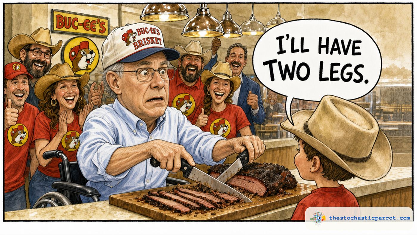 Editorial cartoon at a Buc-ee's barbecue counter. Texas Governor Greg Abbott, in his wheelchair wearing a Buc-ee's Brisket cap, chops a beef brisket with a knife in each hand, looking startled and alarmed. A cheering crowd in cowboy hats and red Buc-ee's shirts is behind him. In the foreground a small child in a cowboy hat orders, with a speech balloon reading: I'LL HAVE TWO LEGS.