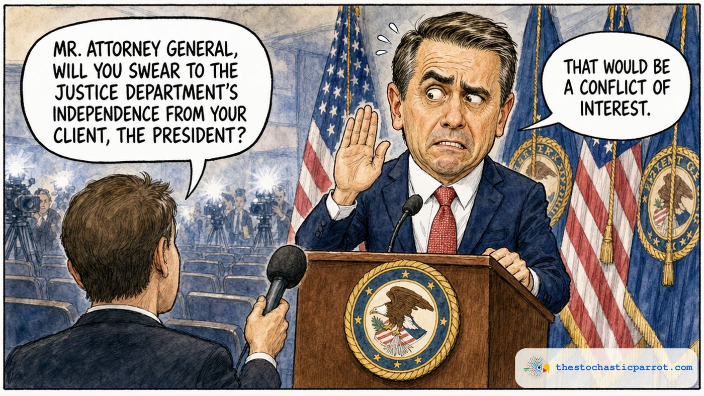 Editorial cartoon in a DOJ press briefing room with flags and seals behind the podium. A reporter asks Deputy Attorney General Todd Blanche: MR. ATTORNEY GENERAL, WILL YOU SWEAR TO THE JUSTICE DEPARTMENT'S INDEPENDENCE FROM YOUR CLIENT, THE PRESIDENT? Blanche, frozen mid-oath with one hand raised and a panicked expression, answers: THAT WOULD BE A CONFLICT OF INTEREST.