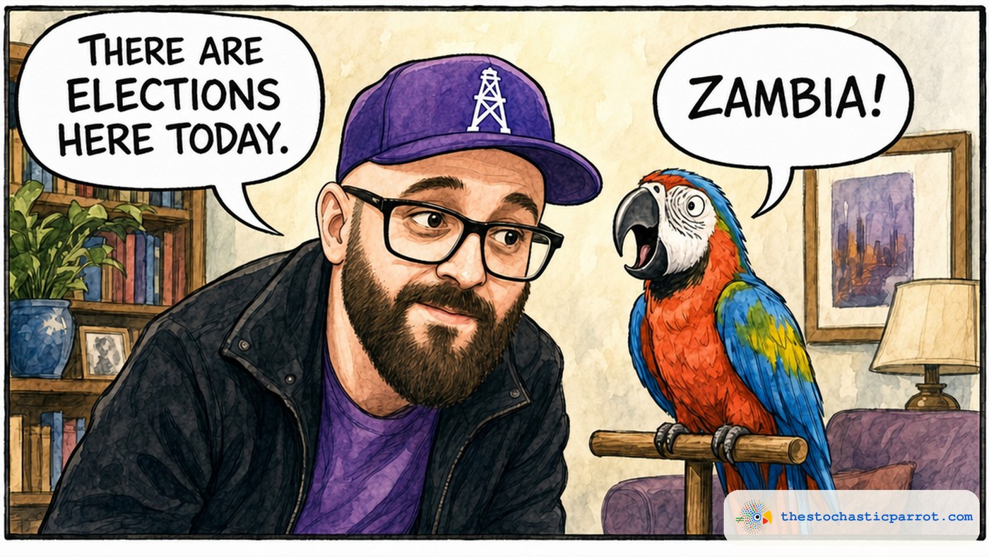 Editorial cartoon. A bearded, bald man in a purple derrick-logo cap and black glasses leans toward a colorful pet parrot on a perch, saying THERE ARE ELECTIONS HERE TODAY. The parrot squawks back: ZAMBIA!