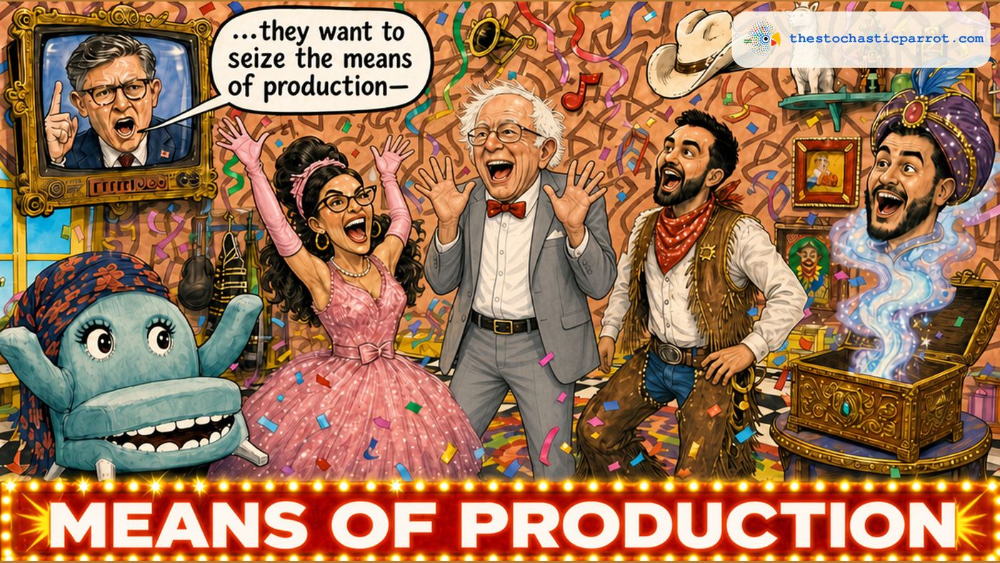 Editorial cartoon parody of Pee-wee's Playhouse. Bernie Sanders as Pee-wee Herman throws his hands up beside his face in delighted surprise, joined by Alexandria Ocasio-Cortez as Miss Yvonne and Zohran Mamdani as Cowboy Curtis. A talking teal armchair wears a patterned scarf, and a genie's head modeled on Abdul El-Sayed rises in a puff of smoke from a jeweled box. On a wall-mounted magic screen TV, House Speaker Mike Johnson warns "...they want to seize the means of production—" as a flashing red-and-yellow marquee reading MEANS OF PRODUCTION lights up across the bottom of the scene.