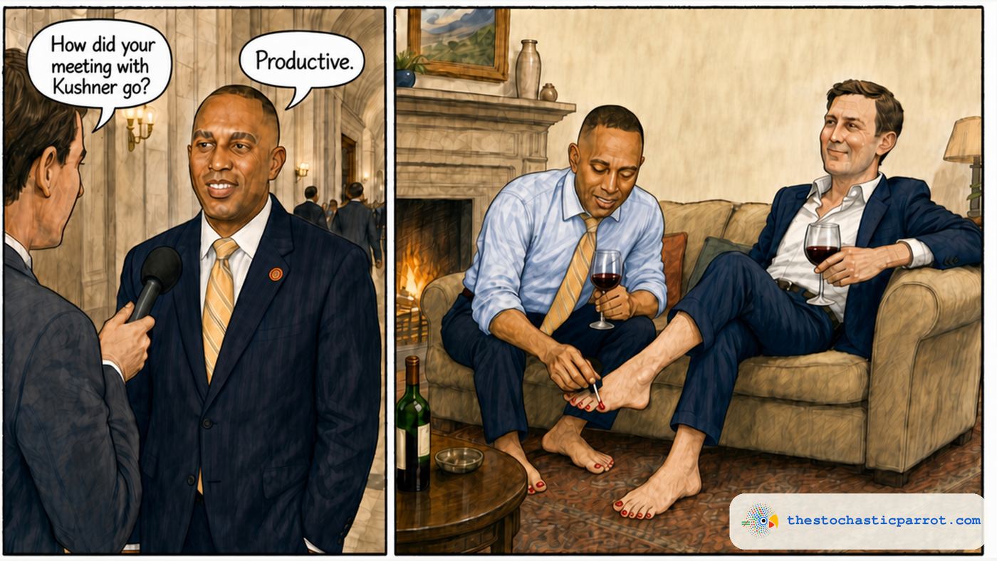 Two-panel cartoon: a reporter asks Hakeem Jeffries how his meeting with Jared Kushner went. He says: Productive. Cut to the two of them barefoot on a couch by the fireplace, wine in hand, Jeffries painting Kushners toenails red with a nail-polish brush, both of their own toes already painted red.