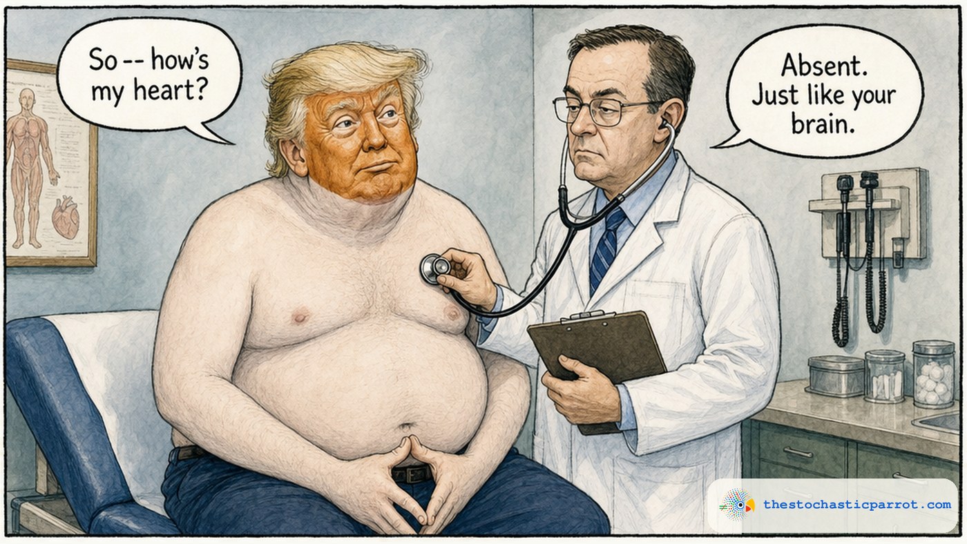 Cartoon: Trump, shirtless and heavier-set with the classic orange-face tan line stopping hard at his collar, sits on a doctors exam table asking: So -- hows my heart? A deadpan doctor listening with a stethoscope replies: Absent. Just like your brain.