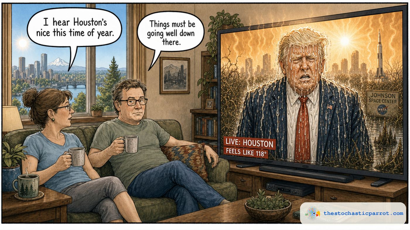 Two-panel cartoon: a couple in Portland watches a TV showing Donald Trump drenched in sweat and melting in the brutal Houston heat, with a chyron reading FEELS LIKE 118 degrees.