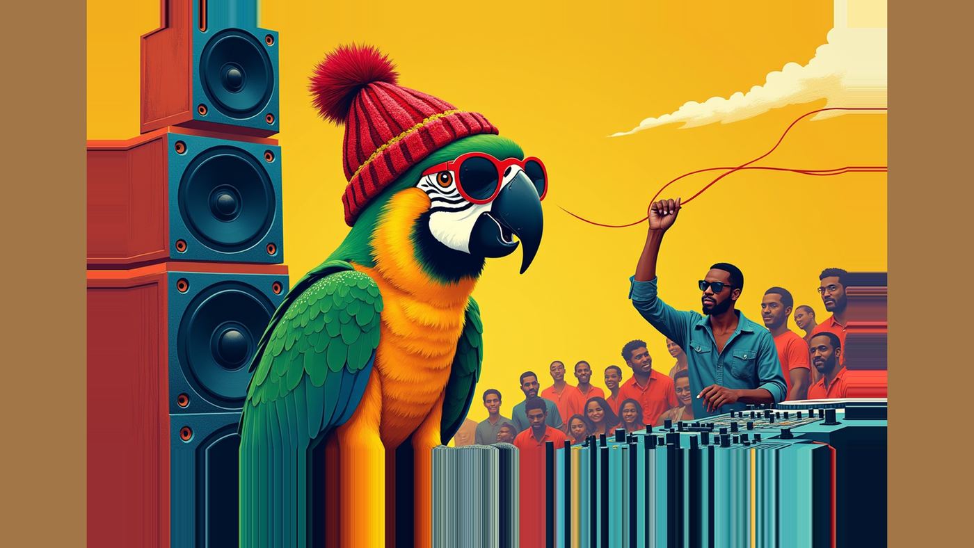 Cartoon: a parrot in a red, gold, and green knitted tam and round sunglasses runs a towering dancehall sound system, one wing on the mixing-desk fader, echo arcs rolling off the speakers over a crowd of skanking compass needles.