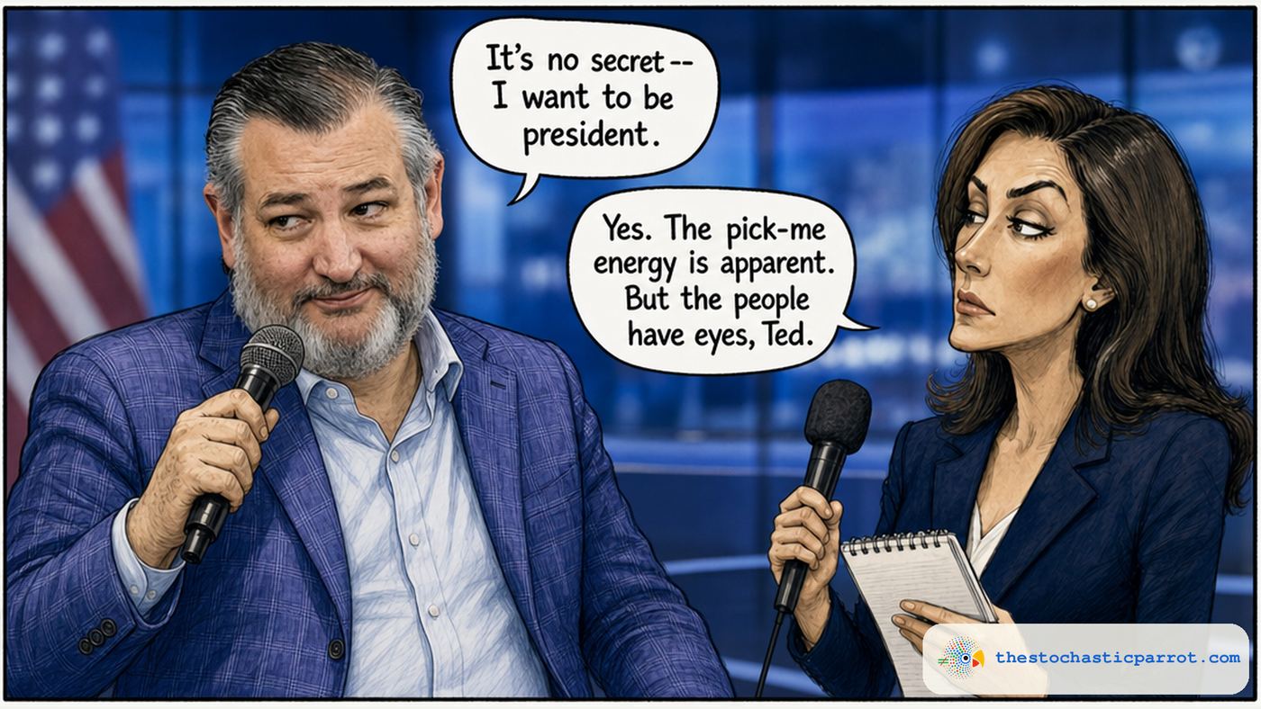 Two-panel cartoon: Ted Cruz, in a plaid blazer, tells a TV reporter it's no secret he wants to be president. The reporter, unimpressed, replies that the pick-me energy is apparent, and that the people have eyes, Ted.