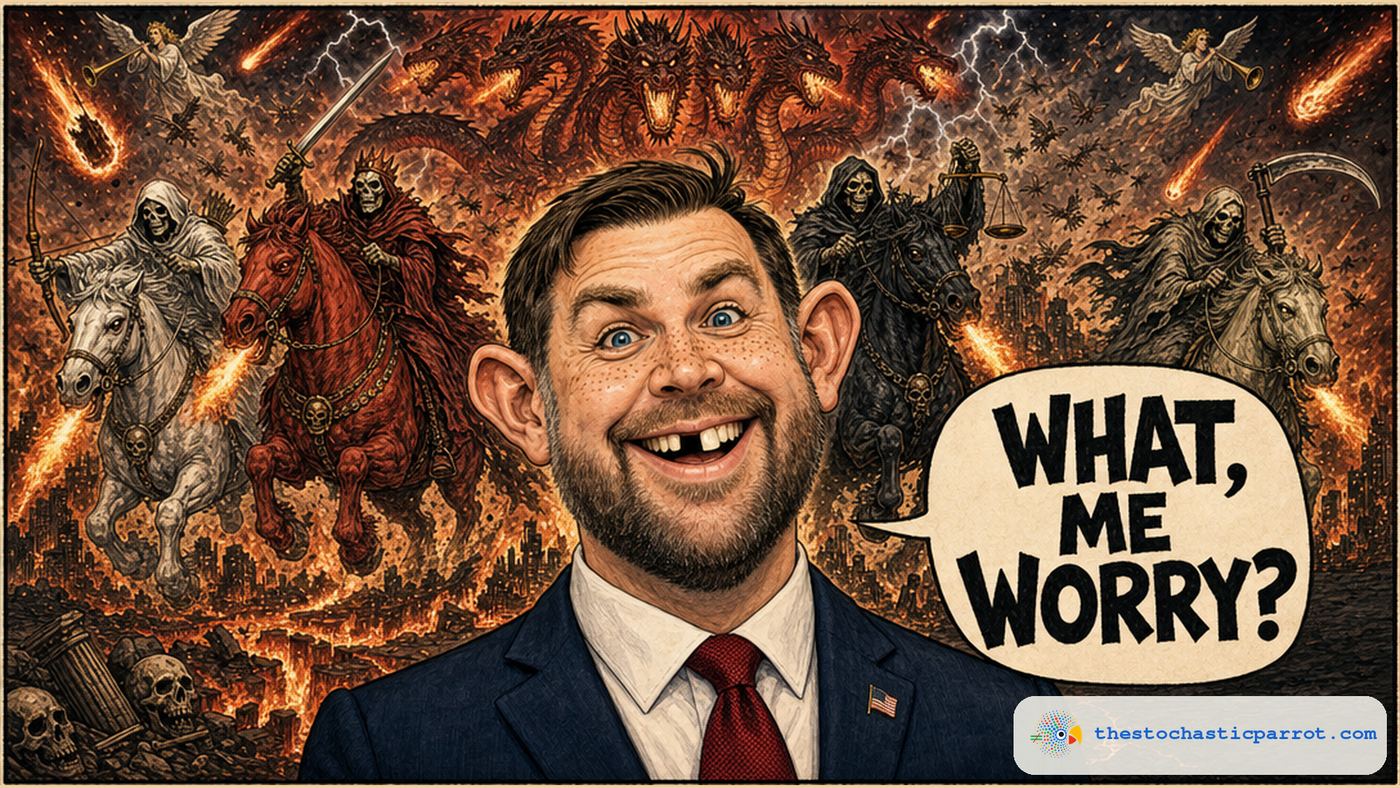 Editorial cartoon. JD Vance drawn as Alfred E. Neuman: gap-toothed grin, jug ears, freckles, cowlick. A huge speech balloon reads: WHAT, ME WORRY? Behind him the full apocalypse: the Four Horsemen charging on fire-breathing horses, a seven-headed dragon, trumpeting angels, meteors, lightning, a burning collapsing city, lava fissures and skulls in the foreground.