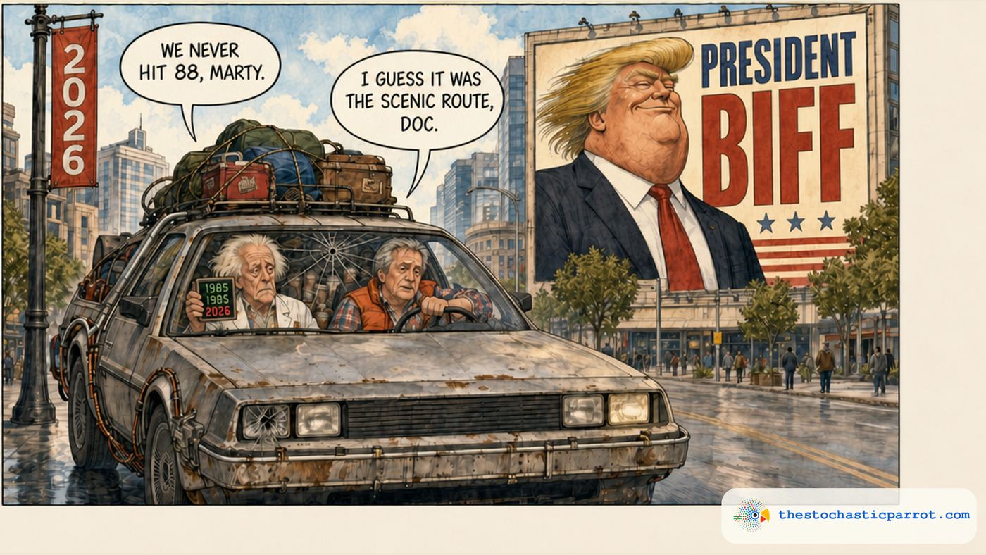 The Daily Comic: The Scenic Route. A rusted, dented DeLorean time machine with a cracked windshield, luggage roped to its roof and coffee cups stacked to the windows rolls into a city street in 2026, under a giant billboard reading PRESIDENT BIFF beside a smug bully with an enormous swept blond combover. An ancient Doc Brown in the passenger seat holds up a time readout showing 1985, 1985 and 2026 and says, We never hit 88, Marty. A gray-haired Marty at the wheel, still in his orange vest, answers, I guess it was the scenic route, Doc.