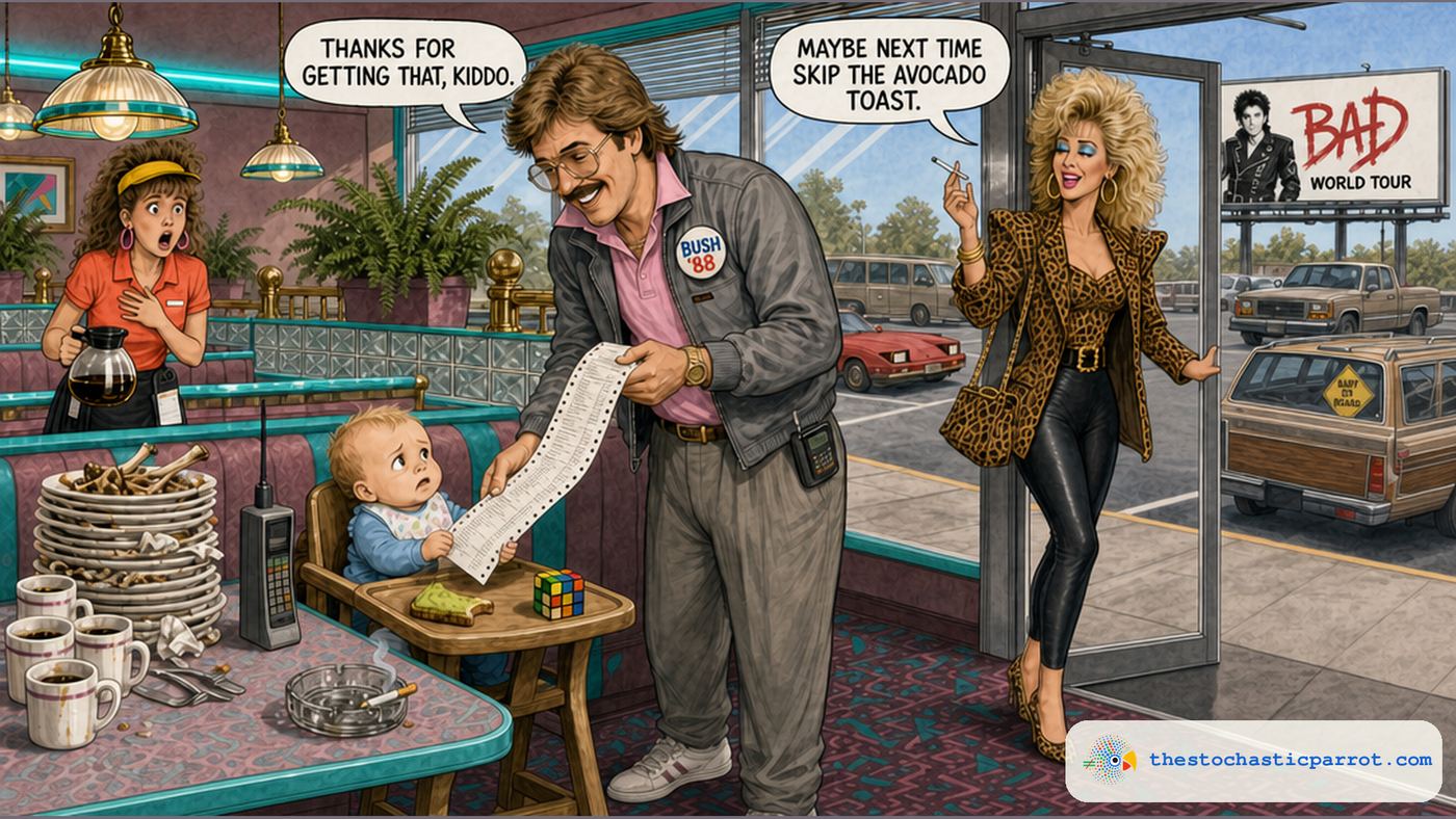 The Daily Comic: The Tab. A 1988 chain restaurant in mauve and turquoise. A cheerful thirtysomething Boomer couple are leaving: he in a Members Only jacket with a Bush 88 button, aviators and a mustache, handing a long dot-matrix restaurant check to a worried baby in a high chair, whose tray holds one bitten triangle of avocado toast and a Rubiks Cube; she, in leopard print with enormous permed hair and a cigarette in her fingers, is already at the open glass door. Their table is a tower of empty plates, coffee cups, a brick phone and an ashtray with a lit cigarette. Through the glass, 1980s cars and a wood-paneled station wagon with a Baby on Board sign fill the lot, under a white billboard reading BAD, World Tour. A young waitress in a coral polo and yellow visor looks appalled. He says, Thanks for getting that, kiddo. She says, Maybe next time skip the avocado toast.